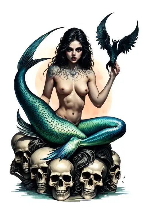 evil mermaid topless sitting on a pile of skulls tattoo design idea