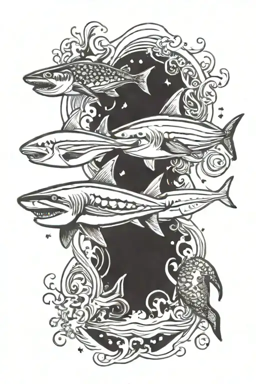 ocean themed with waves, a jellyfish and shark tattoo design idea