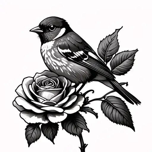 robin perched on the stem of a rose. the robin is carrying a square of fabric in its beak tattoo design idea