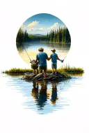 view from behind dad and son fishing lake tattoo design idea
