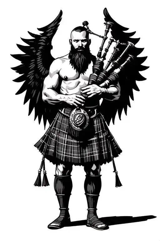 shirtless muscular bagpiper bald black beard playing bagpipes huge black wings black background tattoo design idea