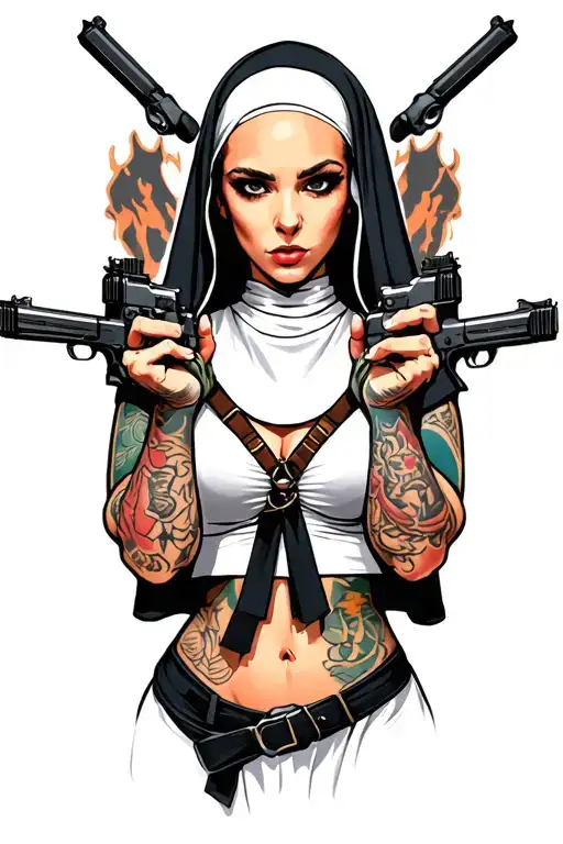 badass nun with guns akimbo, praying, sexy body, big tits, ripped clothing  tattoo design idea