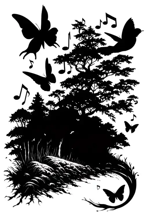 A mystical forest scene with musical notes floating in the air, incorporating elements of butterflies and birds tattoo design idea