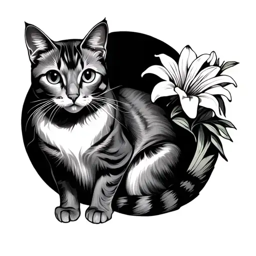 A fine line cat tattoo with the cat sitting down and holding lilies with it's tail. tattoo design idea