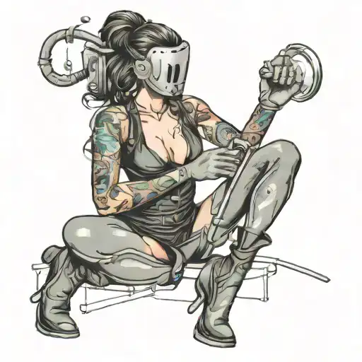 sexy female body with welder mask on, she's barely wearing anything, and she's bent over on her knees welding  tattoo design idea