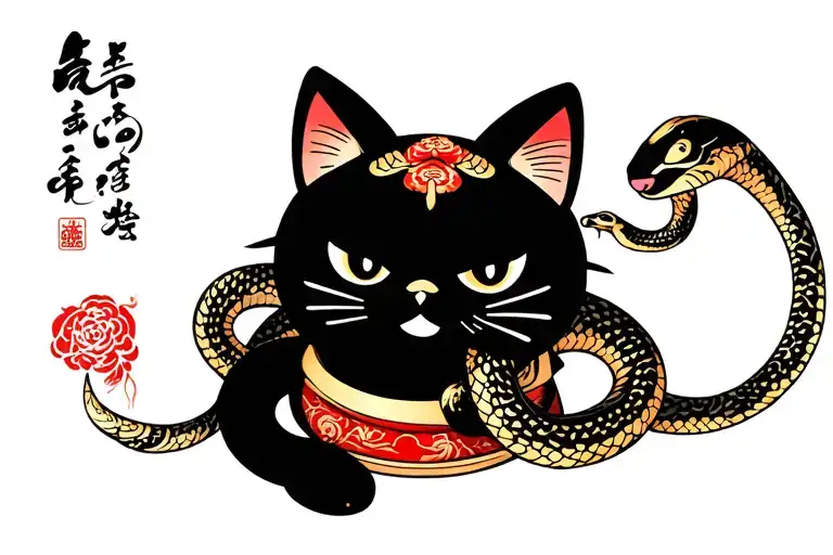 maneki neko with snake tattoo tradi japanese style tattoo design idea