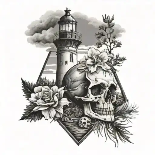 lighthouse, big skull, camino di santiago, flower, pine tree  tattoo design idea