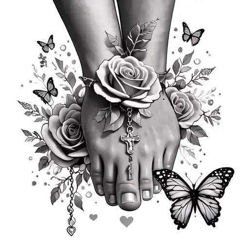 ankle and top of foot tattoo rosary ,roses ,butterflies, sparkles, and hearts  tattoo design idea