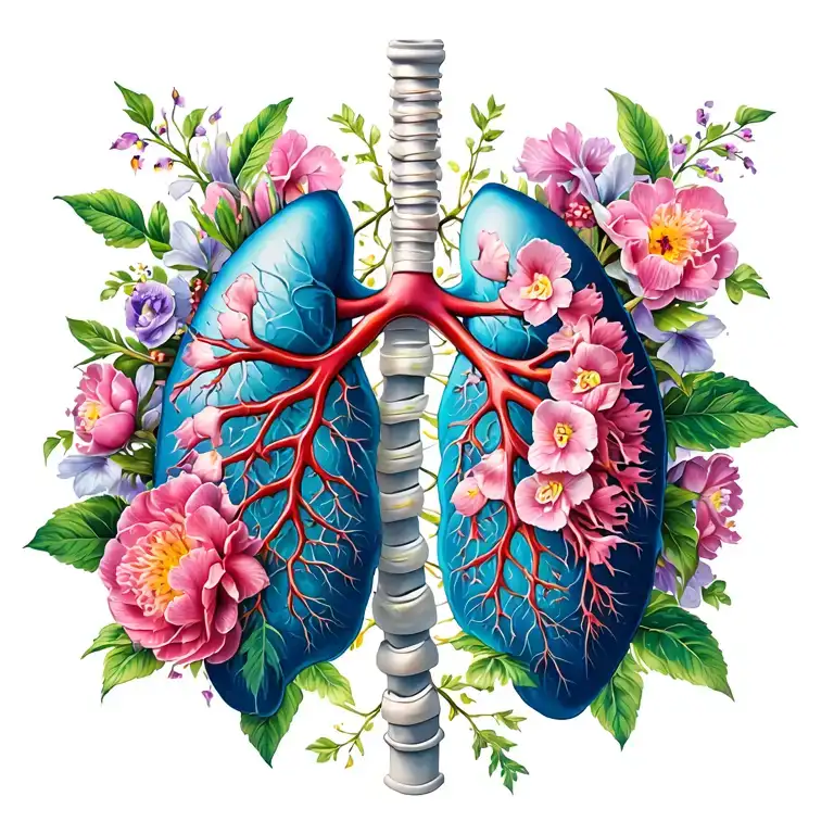 a pair of lungs connected to a spine with snapdragon, peonies, orchids, and flower vines flowing throughout tattoo design idea