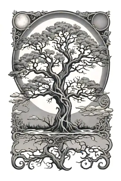gothic tree with large moon rising tattoo design idea