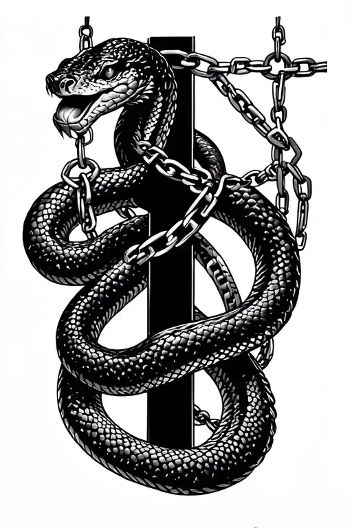 A snake positioned in a cross-like shape with chains wrapped around its body old school tattoo tattoo design idea