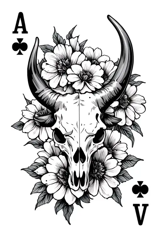 flowers with bull skull with small set of playing cards tattoo design idea