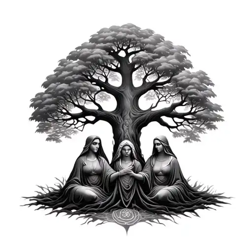 yggdrasil tree with the three fates sitting around it tattoo design idea