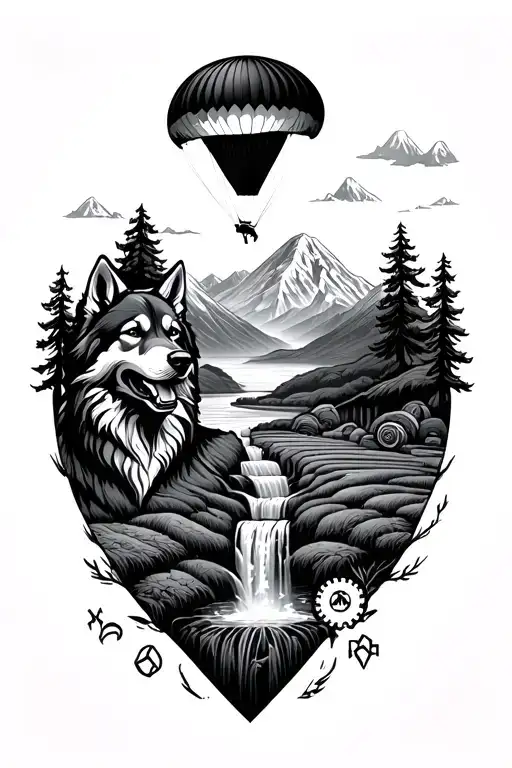 All the right arm. Mountain, paragliding, wolf dog, hieroglyph, gear, steampunk, rice fields, waterfalls tattoo design idea