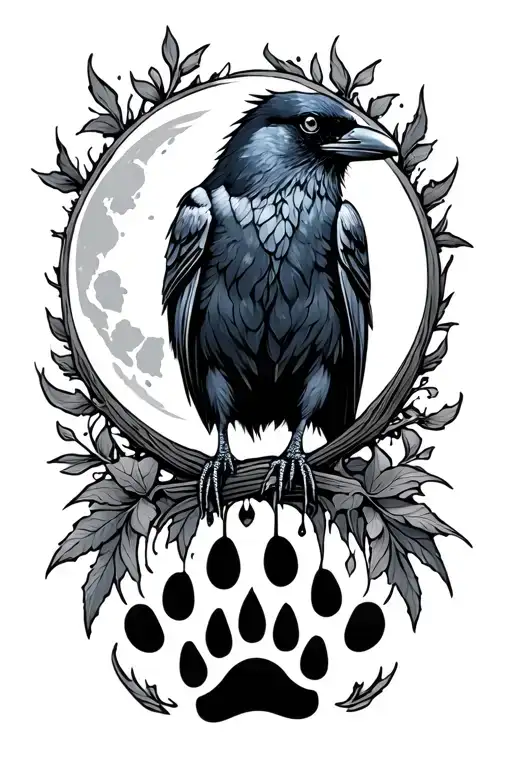 crow with crecent moon and wolf paw print tattoo design idea