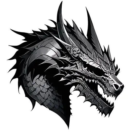 dark armored knight with skull pauldron, closed helmet and sharp bridge armor. next to a medieval dragon tattoo design idea