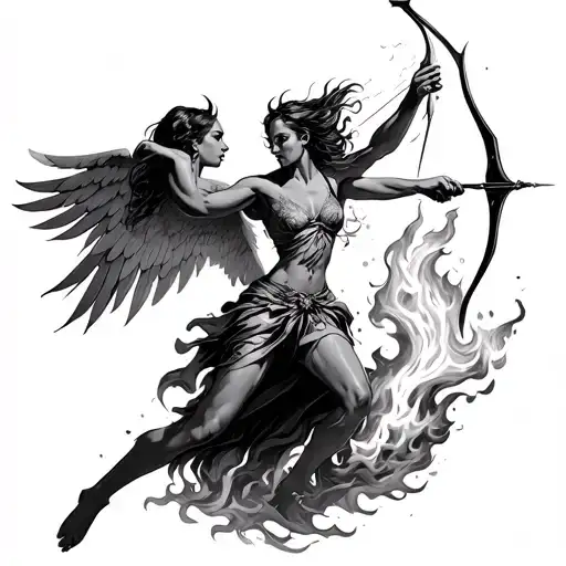 female angel shooting an arrow at a female demon, female demon catches arrow and engulfs it in flames tattoo design idea