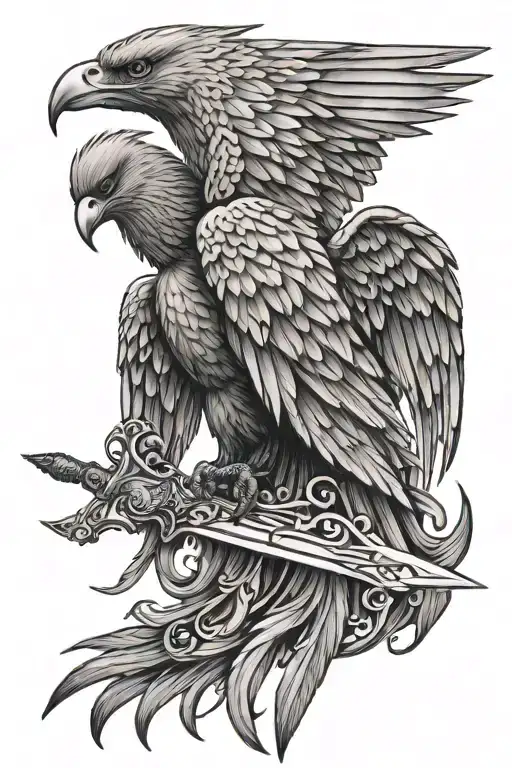 fire bird long wings speard male eangle and sword tattoo design idea