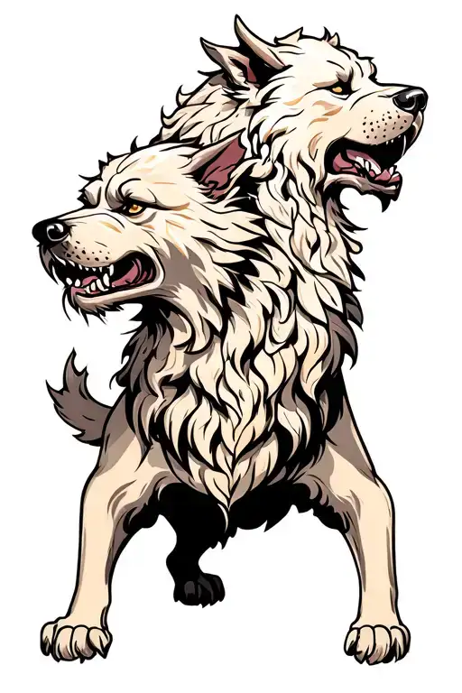 cerberus tattoo, full body, going down from right to left, in tradtional style tattoo design idea