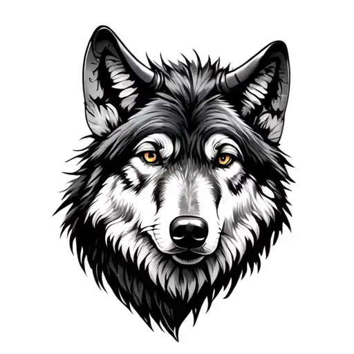 black and white nice wolf in mean sheep with horns clothing  tattoo design idea