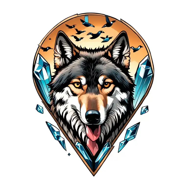 a wolf in front of crystals with a v formation of geese above it tattoo design idea