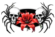 smaller skulls intertwined with red spider lily in the shape of an oval with a space in the middle tattoo design idea