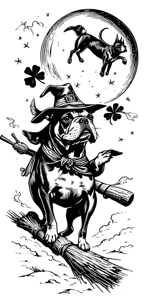 shamrock, bulldog, boston terrier, cattle dog, camper, flying witch on broomstick, moon, campfire tattoo design idea