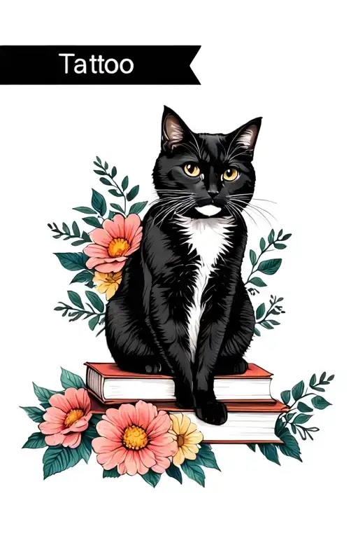 Cosy black and white Cat sitting on Books with flowers tattoo design idea
