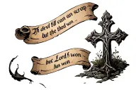 cobblestone cross with writing "the devil can scrap but the Lord has won" in old font on a scroll. tattoo design idea