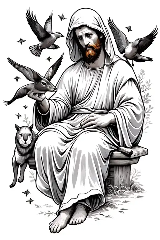 St Francis of Assisi with hood up sitting with animals with birds flying up tattoo design idea