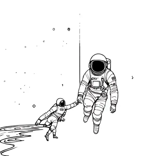 One astronaut is floating in space and holding the hand of another who is hanging off the edge, as if saving them. tattoo design idea