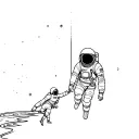 One astronaut is floating in space and holding the hand of another who is hanging off the edge, as if saving them. tattoo design idea
