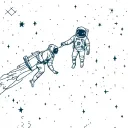 One astronaut is floating in space and holding the hand of another who is hanging off the edge, as if saving them. tattoo design idea