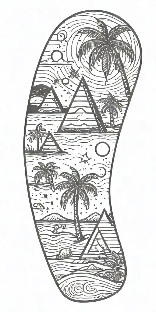 outer space, palm tree, galaxy, pyramid, shoal wintergreen dip can in the sand with a sunset, ray gun,  tattoo design idea