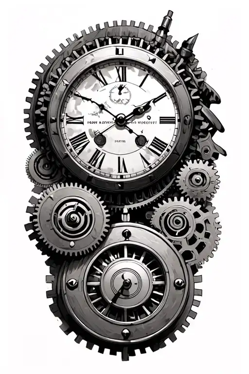Temporal machine grandparents portrait placed centrally in the face of a clock various gears of different sizes surround tattoo design idea