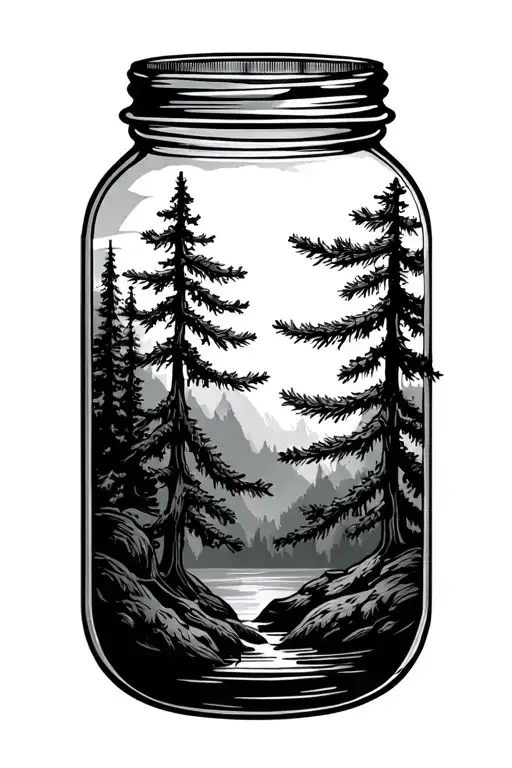 moonshine  jar pine trees tattoo design idea