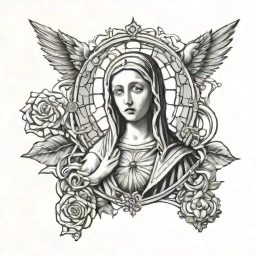 Portrait of the Blessed Virgin Mary with a halo of church stained glass patterns tattoo design idea
