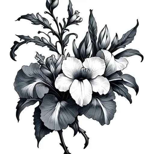 iris and cosmo flowers on a vine intertwined tattoo design idea