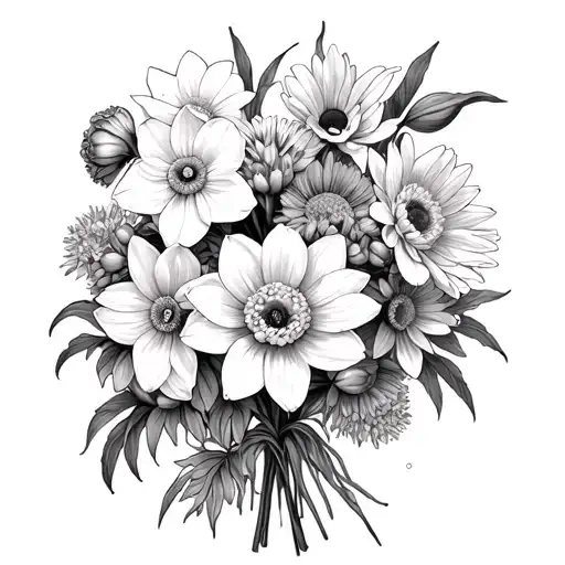 narcissus, chrysanthemum, and aster bouquet tattoo design idea