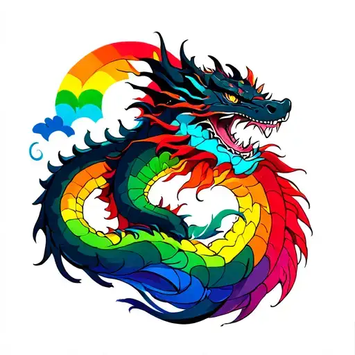 black japanese dragon floating above a fallen rainbow colored japanese dragon tattoo design idea