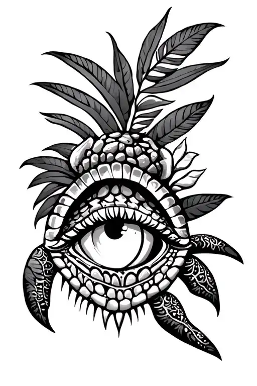 Samoan tattoo. with a turtle, shark teeth, fish scales, ocean, coconut leaves, eye, stones, tortoise shell  tattoo design idea