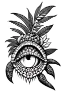 Samoan tattoo. with a turtle, shark teeth, fish scales, ocean, coconut leaves, eye, stones, tortoise shell  tattoo design idea