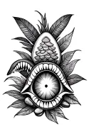 Samoan tattoo. with a turtle, shark teeth, fish scales, ocean, coconut leaves, eye, stones, tortoise shell  tattoo design idea