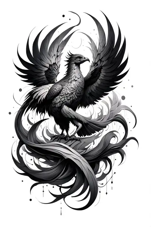 A detailed black-and-gray forearm tattoo, combining a rising phoenix intertwined with flowing geometric patterns l tattoo design idea