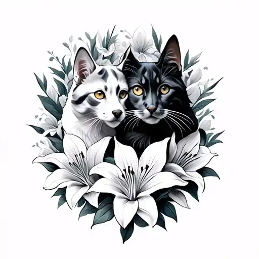 3 headed dog gaurding a cat in lilies tattoo design idea
