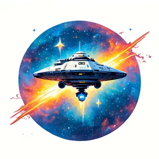 spaceship flying through stars tattoo design idea