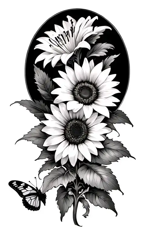 a Daisie on top , a Lilly, a sunflower, and butterfly biceps half sleeve  tattoo design idea
