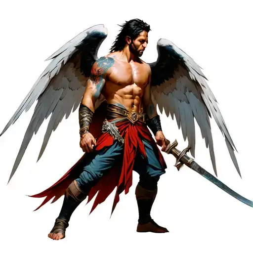 arcangel michael ready for battle  looked from the side, not from the front, see his fuul body with arms and legs, make  tattoo design idea