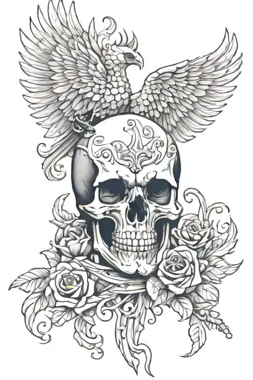 skull with phoenix above, rose left side and sword right side tattoo design idea