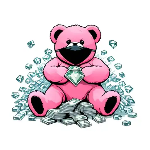 pink teddy bear with ski mask on top of head holding stacks of cash & diamonds laying around  tattoo design idea